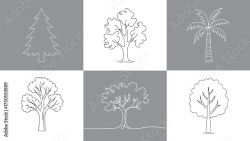 Collection of six line art tree illustrations, showcasing diverse species and styles, perfect for educational or decorative purposes in nature themes