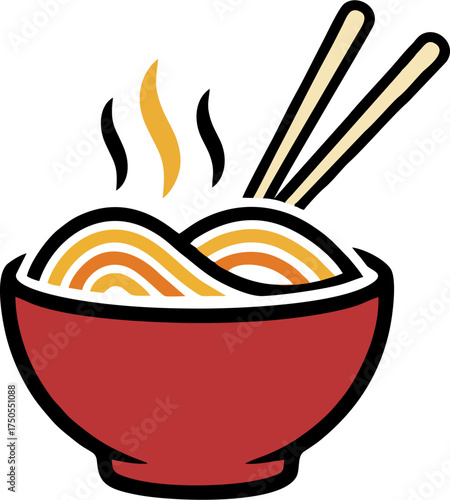 Minimalist Red Bowl of Steaming Instant Noodles with Chopsticks Vector Illustration Isolated