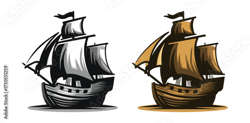 Illustration of sailing vessel with sails and mast against dark background