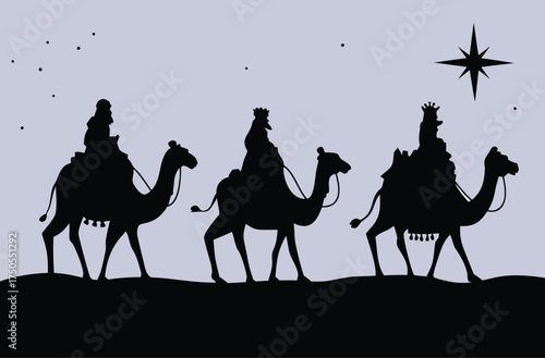 Three Wise Men Silhouette Under Starry Night Christmas Nativity Scene with Camels