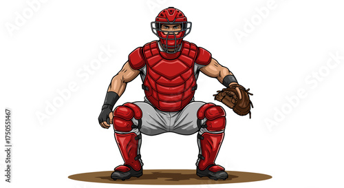 A detailed illustration of a baseball catcher in full red protective gear, crouched and ready to play, on a white background.