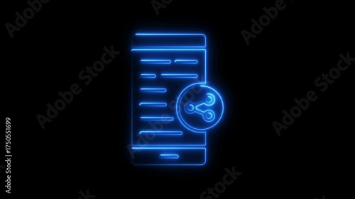 Neon Blue Smartphone Displaying List With Share Icon On Black Background glow light