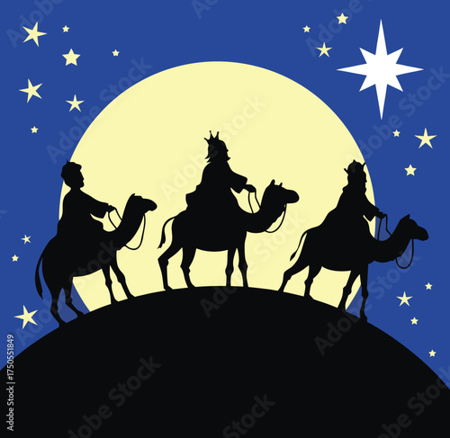 Three Wise Men Silhouette Under Starry Night Christmas Nativity Scene with Camels