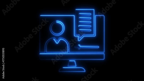 Blue neon outline of computer screen showing person icon and chat bubble monitor symbol