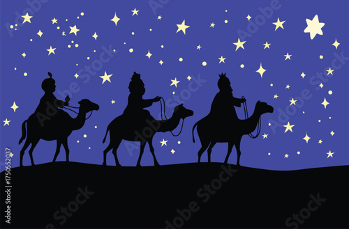 Three Wise Men Silhouette Under Starry Night Christmas Nativity Scene with Camels