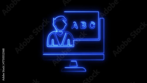 Blue neon outline of computer screen with teacher icon and ABC on blackboard monitor symbol