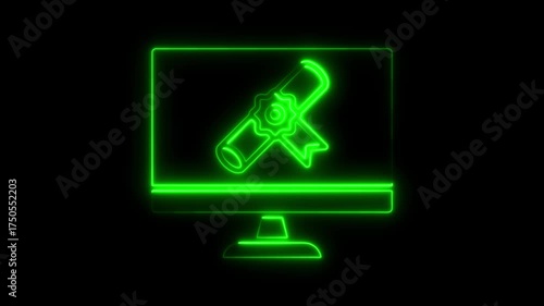 Green neon outline of computer screen displaying a diploma or certificate monitor icon