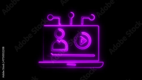 Purple neon outline of laptop showing person icon and play button computer screen
