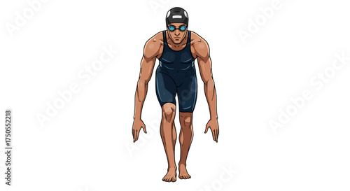 Swimmer in starting position wearing cap and goggles.