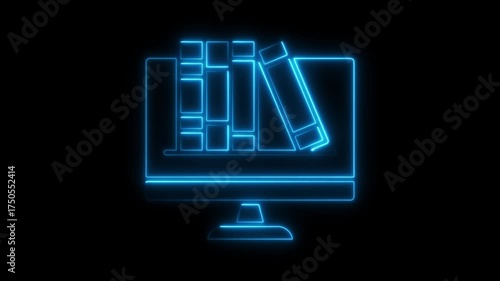 Blue neon outline of computer screen filled with stacked books monitor icon