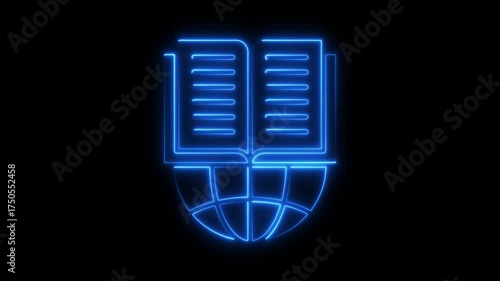Glowing Blue Neon Open Book Icon Over World Globe Outline on Black Background earth