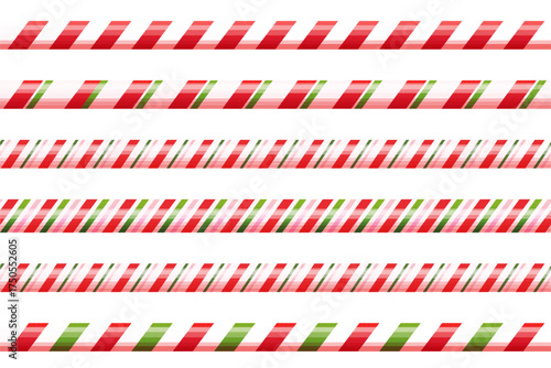 Candy cane border christmas decoration, holiday sweet seamless decor.Stripes green, red and pink color, thin and thick. Retro stick, lollipop, candycane. 
