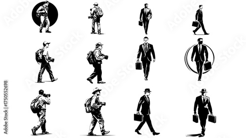 Set of Black and White Vector Illustrations of People Walking, Including Businessmen and Hikers

