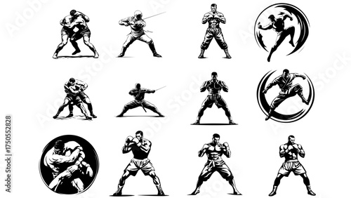 Set of Black and White Vector Illustrations for Martial Arts, Combat Sports, and Fighting

