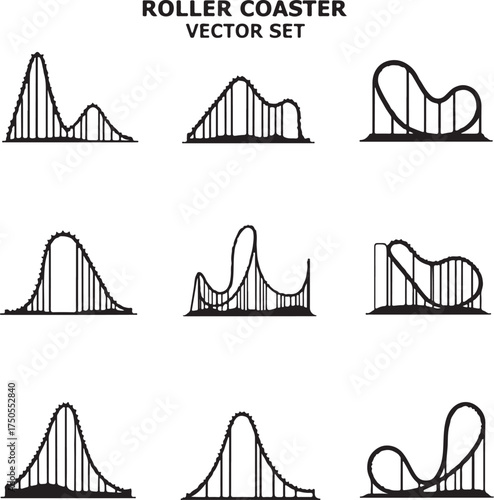 Nine black and white vector illustrations of roller coaster tracks