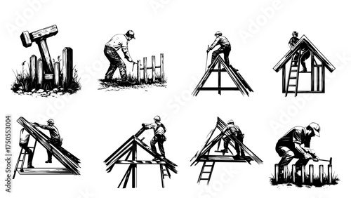 Set of Black and White Construction, Carpentry, and Fencing Work Illustrations

