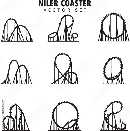 Nine Black Roller Coaster Vector Illustrations amusement park
