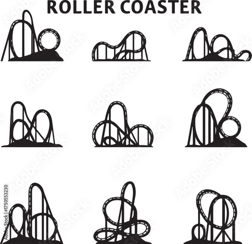 Nine black silhouette roller coaster designs on white background