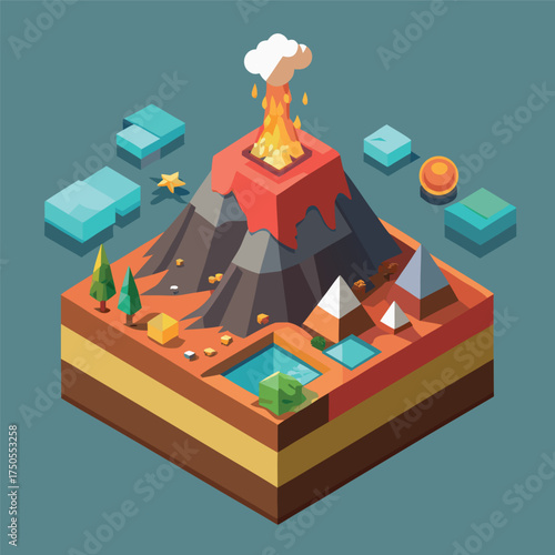 A colorful isometric illustration of an erupting volcano island with lava flow, trees, rocks, and surrounding ocean, in a 3D cartoon style