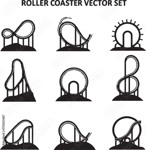 Nine black silhouette roller coaster designs on white
