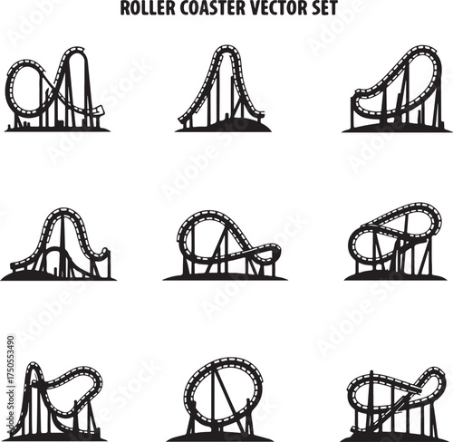 Nine black silhouette roller coaster vector illustrations