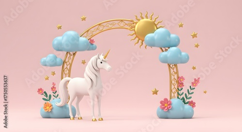 Magical White Unicorn Under Golden Arch with Sun, Clouds, Stars, and Flowers