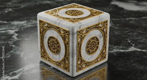 Luxurious Ornate Cube with Marble and Gold Accents on Dark Reflective Surface