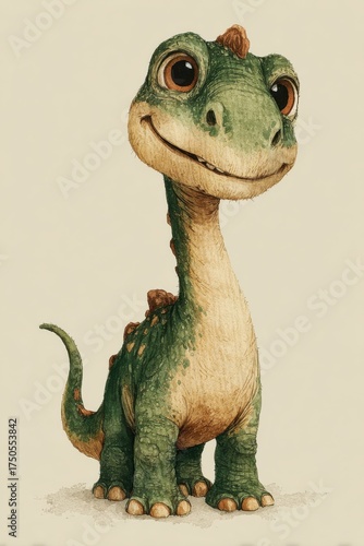 Cartoon dinosaur character with large eyes and a cheerful smile stands upright, showcasing its green skin and playful posture in a friendly setting