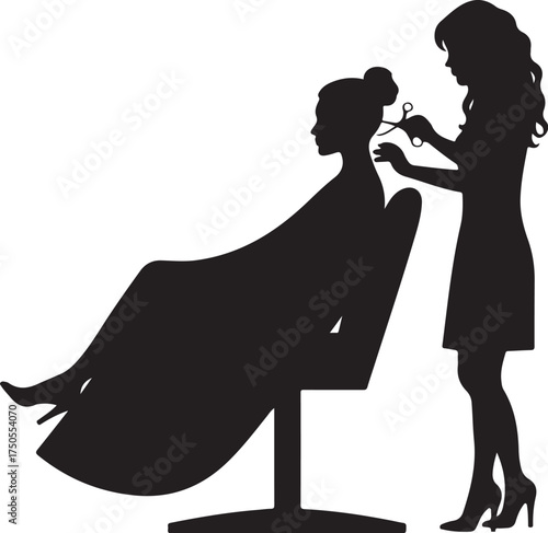 Silhouette of hairdresser cutting client's hair in salon chair 