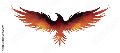 Phoenix with outstretched wings on black background watercolor style illustration