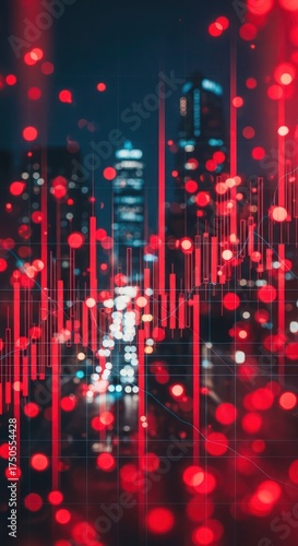 Abstract cityscape at night with blurred red bokeh lights and financial chart overlay.