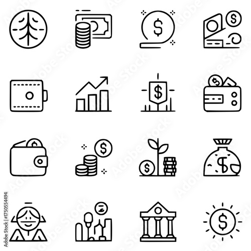 Financial Profit Line Icon Set — Income, Savings, Investment, Profit Chart Vector Lines