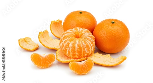 Peeling Tangerine with Segments and Rinds on White Background, Healthy Food Concept