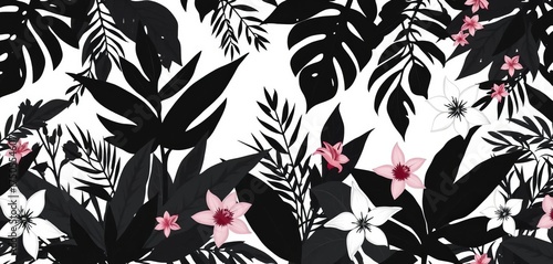 Elegant black and white silhouette tropical leaves and flowers seamless pattern, repeat, flowers