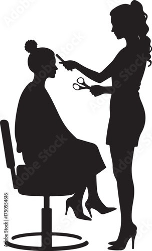 Silhouette of hairdresser cutting client's hair with scissors