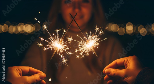 Person holding two sparklers at night with bokeh lights in the background