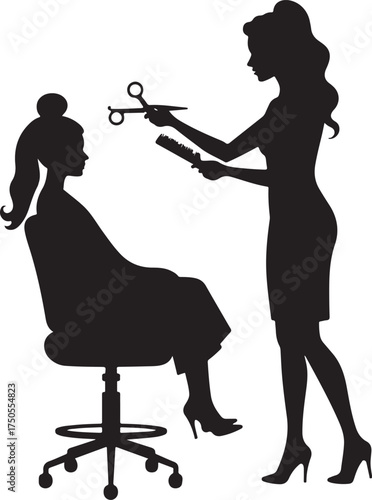 Silhouette of hairdresser cutting client's hair with scissors and comb