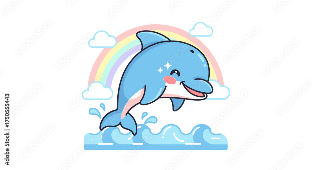 Naklejka premium Cartoon illustration of a happy dolphin jumping over water with a rainbow against a clean, white background in a vibrant and cheerful style.