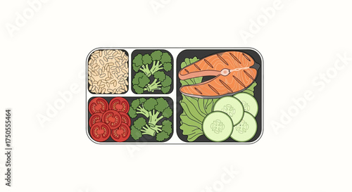 Overhead shot of a balanced lunchbox meal including salmon, broccoli, rice, and tomatoes on a white background conveying a healthy, vibrant vibe.