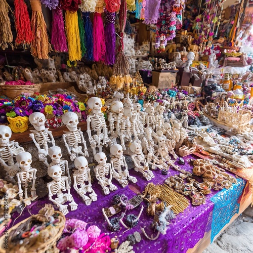 Skeleton figurines and colorful crafts displayed at market stand during DÃ­a de Muertos festival in Oaxaca