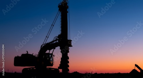 Silhouette of Construction Drilling Rig Machine at Dusk on Building Site