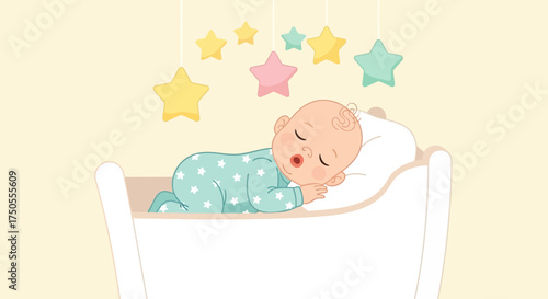 Illustration of a sleeping baby in a crib under a star mobile against a pastel yellow background with soft, delicate lines conveying a peaceful mood.