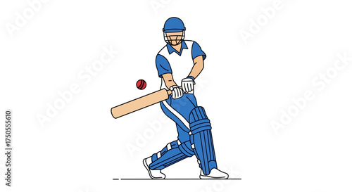 Cartoon of a cricketer hitting a ball with a bat in a stylized illustration against a clean white background using blue, red, and beige colors.