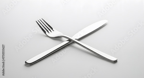 Silver fork and knife crossed on a plain white background, studio shot