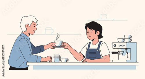 Stylized vector illustration of a barista handing a steaming cup of coffee to a customer across a counter in a bright, cheerful cafe setting.