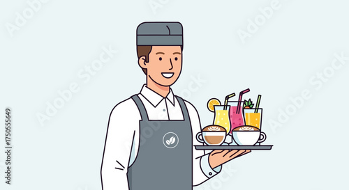 Smiling waiter holding a tray of colorful drinks in a flat vector illustration against a plain background with a cheerful and inviting mood.