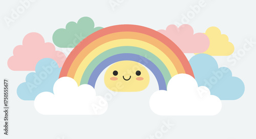 A cheerful sun character smiles beneath a colorful rainbow with fluffy clouds against a clean white background in a flat vector illustration.