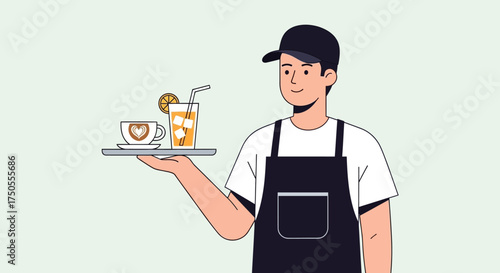 Illustration of a young waiter holding a tray with coffee and juice against a light green background with a clean, minimalist, and modern feel.