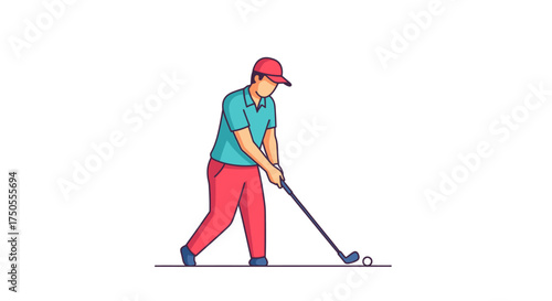 A golfer is swinging his club in a flat illustration style with pink and blue colors against a clean white background.