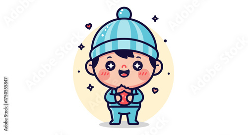 Cartoon illustration of a cheerful child wearing a blue winter hat against a white background, expressing joy in a flat lay design with vibrant colors.
